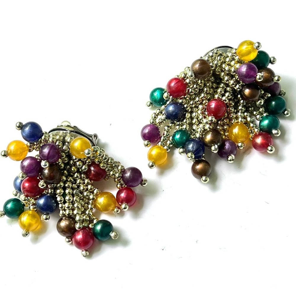 Vintage Beaded Ear Clips Statement Earrings Fringe Waterfalls Silver Party 70s